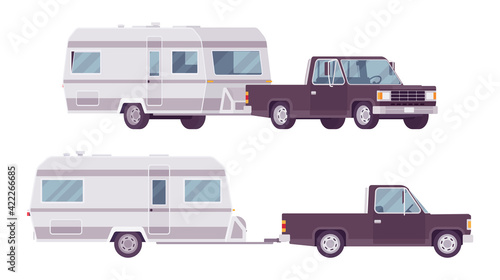 Camper trailer black car and covered wagon, family camping trip. Vehicle, transport, sleeping accommodation, traveling motor home. Vector flat style cartoon illustration isolated, white background