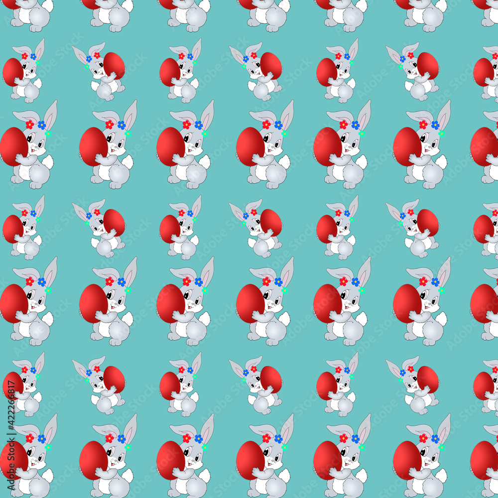 Obraz premium Seamless pattern bunnies with eggs isolated on blue background.