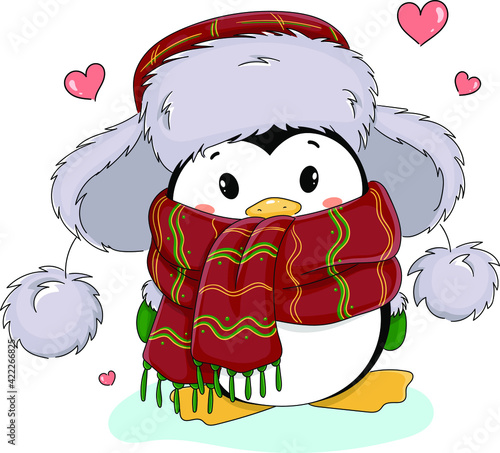 Cute cartoon penguin in a winter furry hat and scarf with a pattern on a white background.