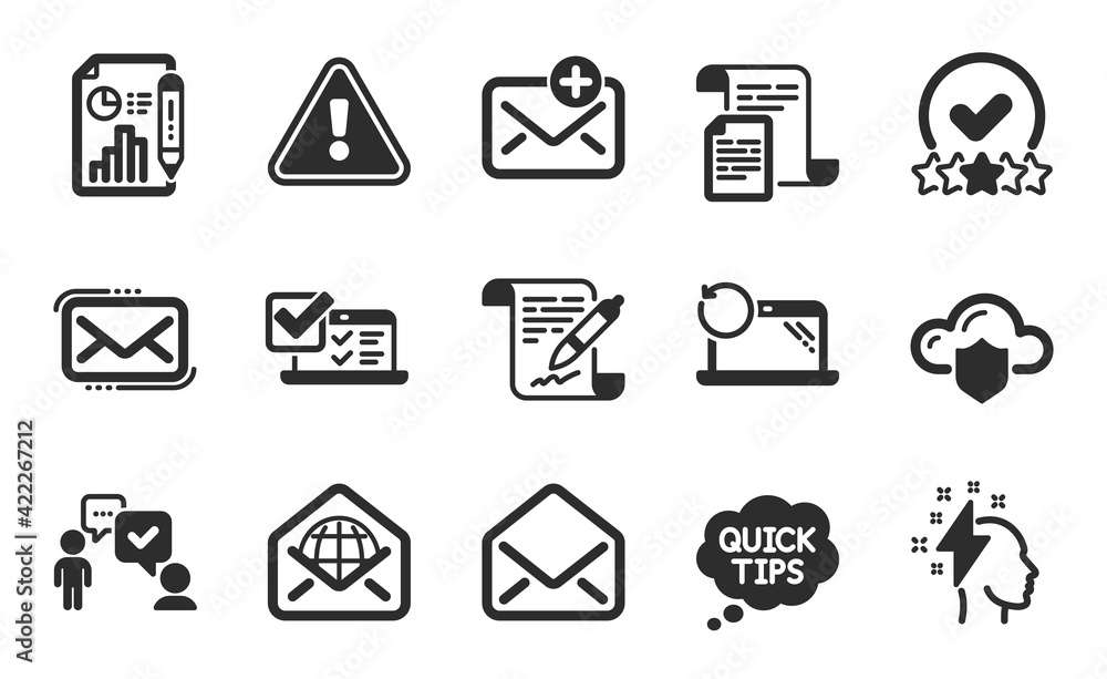 Messenger mail, Online survey and New mail icons set. Report document, Quick tips and Cloud protection signs. Vector Messenger mail, Online survey and New mail icons set. Report document, Quick tips and Cloud protection signs. Vector