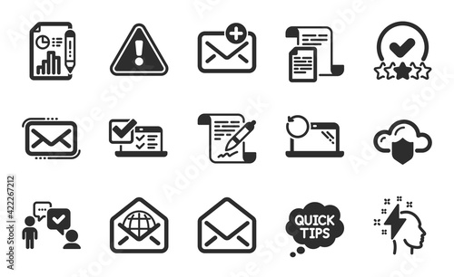 Messenger mail, Online survey and New mail icons set. Report document, Quick tips and Cloud protection signs. Vector