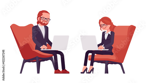 Businessman, businesswoman red haired office worker with laptop. Armchair sitting manager, administrative person, corporate employee. Vector flat style cartoon illustration isolated, white background