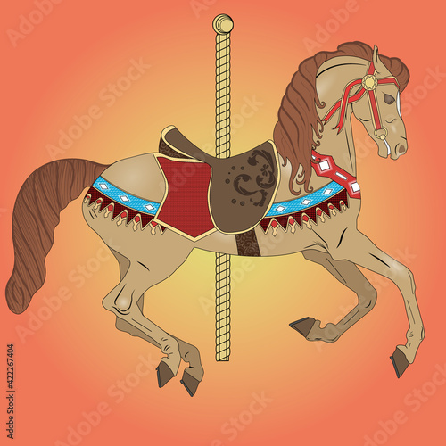 Illustration with a brown horse for the carousel. Bay. Harnessed horse from a children's carousel