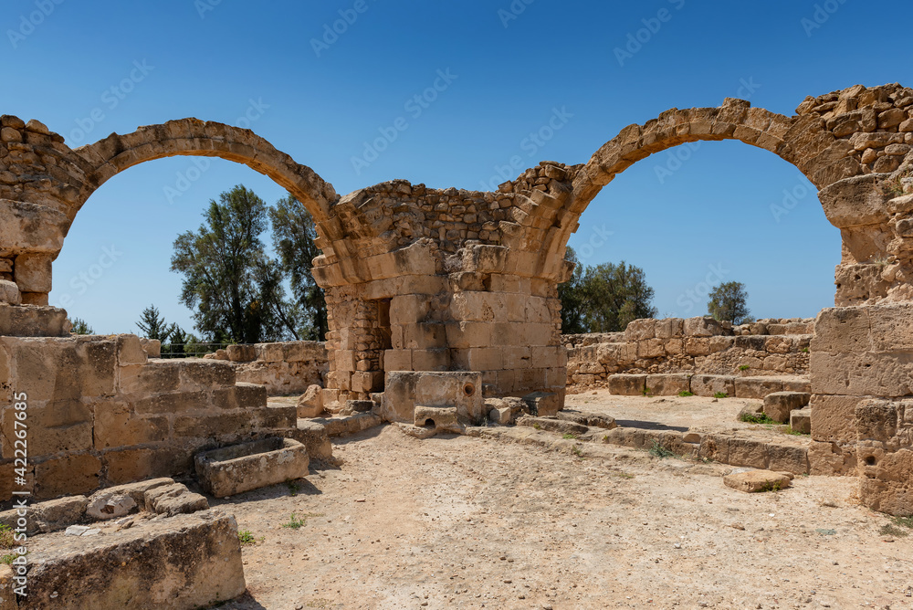 Ruins of Temple arches in Kato, Paphos Archaeological Park, Paphos, Cyprus.