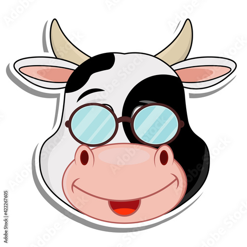 Sticker vector cow with glasses. Animal-themed illustration on a white background.