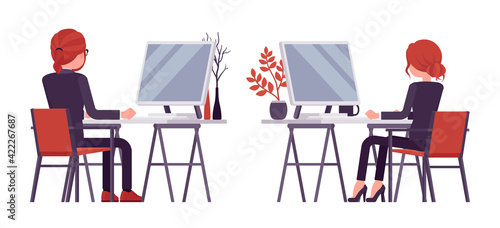 Businessman, businesswoman red haired office worker at computer. Manager, administrative person, corporate employee dress code. Vector flat style cartoon illustration isolated, white background, rear