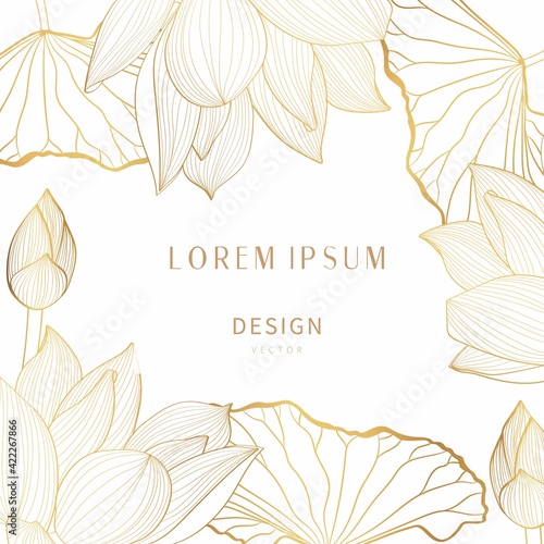 Hand drawn Asian symbols - line card template with lotus flowers and leaves on a white background.