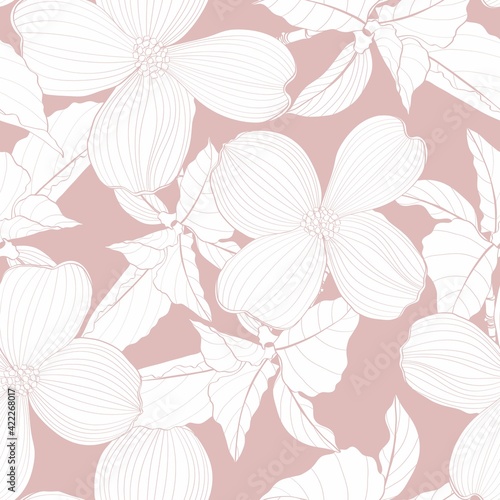 Dogwood branch with flowers seamless pattern. Cornus florida.  Line drawing. Beige background.