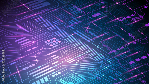 Abstract technological vector background. Computer network and chips. Internet and technology. Electronic circuits. Chips with binary code. Social network. Global communication systems. Futuristic.