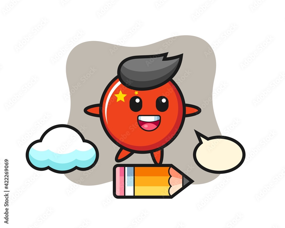 china flag badge mascot illustration riding on a giant pencil china flag badge mascot illustration riding on a giant pencil