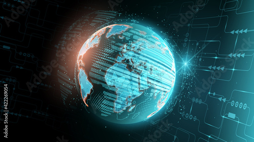 Abstract planet Earth inside a computer network. Contours of countries and continents from luminous particles. Map of our planet. Modern technologies and virtual reality. Vector. Futuristic background