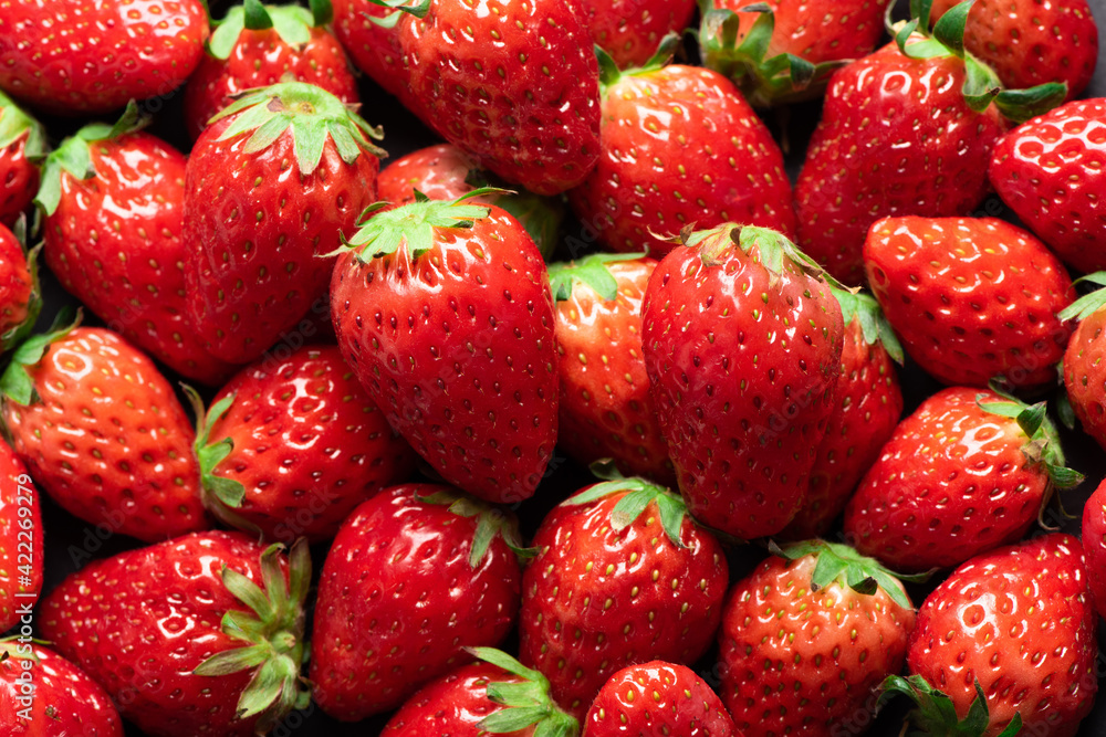 Red ripe strawberries background. Close up, top view. Red ripe strawberries background. Close up, top view.