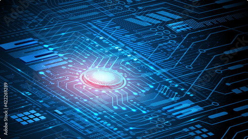 Computer microprocessor and microchips. Binary code, artificial intelligence and the Internet. Global communication system and digital world. Modern technologies. Blue abstract vector image.