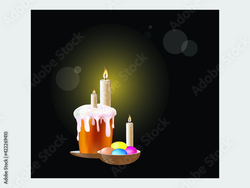 Easter bread, eggs on plate and burning candles on a dark background. Festive realistic vector illustration for card, banner, other. 