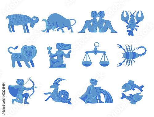 Set of blue zodiacal signs with figure in flat style
