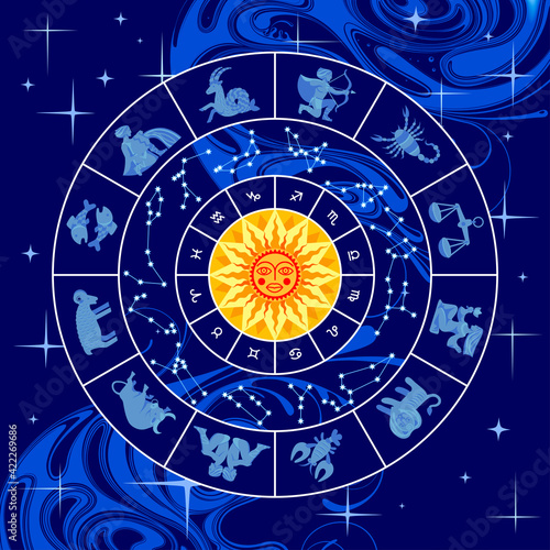 Circle with zodiac signs, constellations, yellow sun and abstract blue background