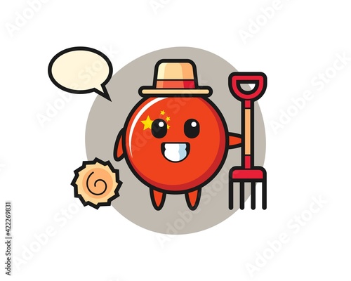 Mascot character of china flag badge as a farmer