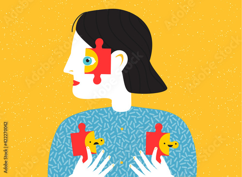Person with puzzle pieces and happy and sad emoticon. Mental health concept. Abstract vector illustration for people mood and states of mind