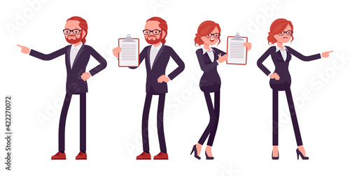 Businessman, businesswoman red haired office worker standing. Bossy manager, administrative person, corporate employee dress code. Vector flat style cartoon illustration isolated on white background