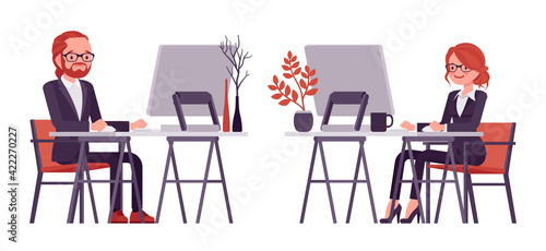 Businessman, businesswoman red haired office worker at computer. Bossy manager, administrative person, corporate employee dress code. Vector flat style cartoon illustration isolated, white background