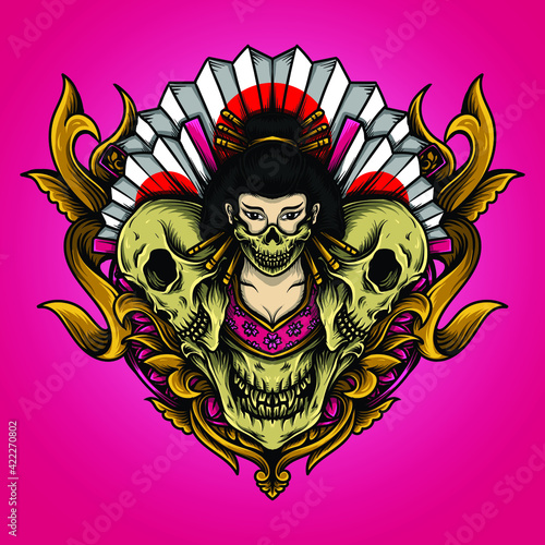 artwork illustration and t-shirt design geisha skull engraving ornament