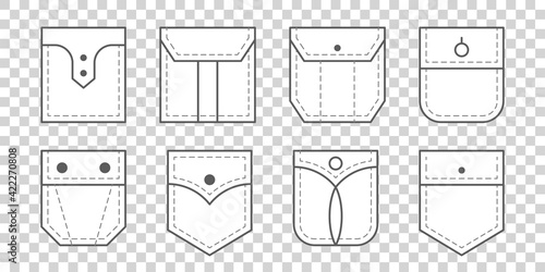 Vector clothing isolated icons set. Patch pocket bag.