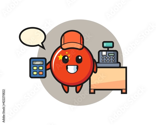 Illustration of china flag badge character as a cashier