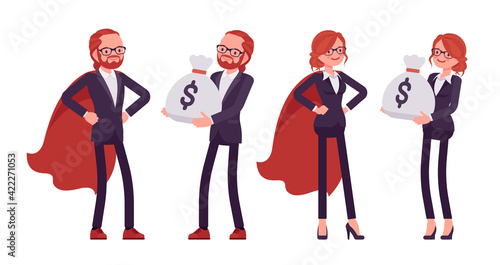 Businessman, businesswoman red haired office worker in cloak, money sack. Bossy manager, administrative person, corporate employee. Vector flat style cartoon illustration isolated, white background