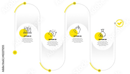 Loyalty points, Sale tags and Bitcoin icons set. Cash sign. Piggy bank, Discount labels, Cryptocurrency laptop. Vector