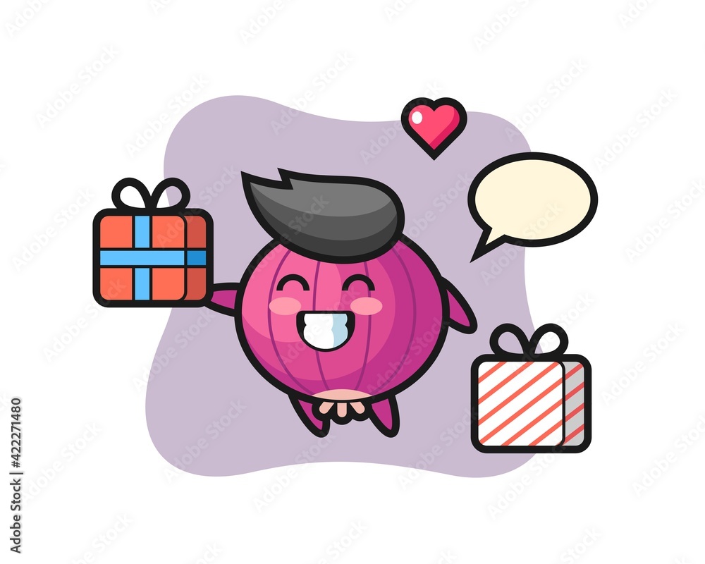 Naklejka premium onion mascot cartoon giving the gift