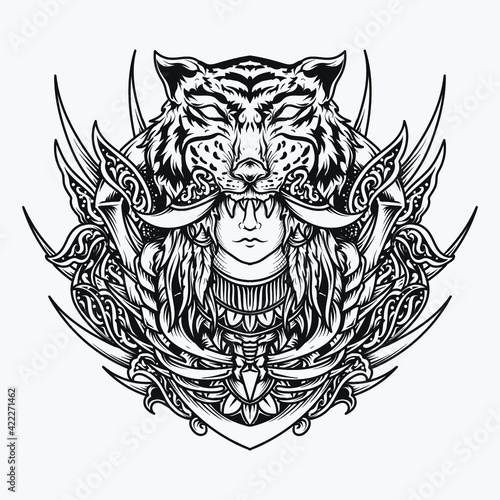 tattoo and t-shirt design black and white hand drawn tiger man engraving ornament