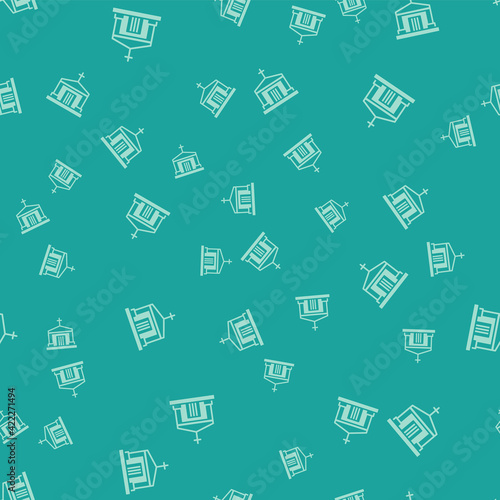 Green Old crypt icon isolated seamless pattern on green background. Cemetery symbol. Ossuary or crypt for burial of deceased. Vector