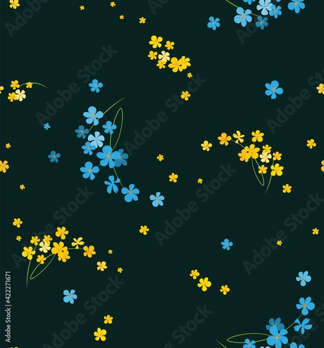 Fototapeta Naklejka Na Ścianę i Meble -  Vector Beautiful Seamless Pattern With Yellow And Blue Flowers