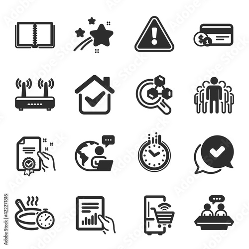 Set of Technology icons, such as Wifi, Chemistry lab, Approved symbols. Group, Employees talk, Time signs. Vector