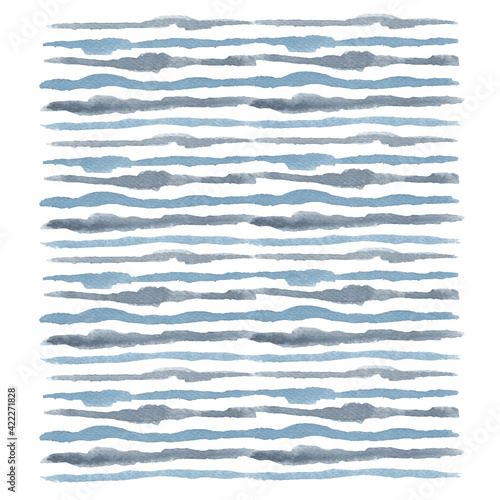 Masculine watercolor striped horizontally background in blue, navy, indigo and gray colors, painted modern graphic artistic pattern.
