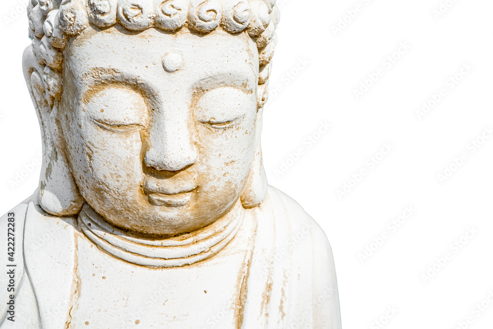 Face of Buddha statue white isolated on white background. Founder of Buddhism. Black and white photo, close up. 