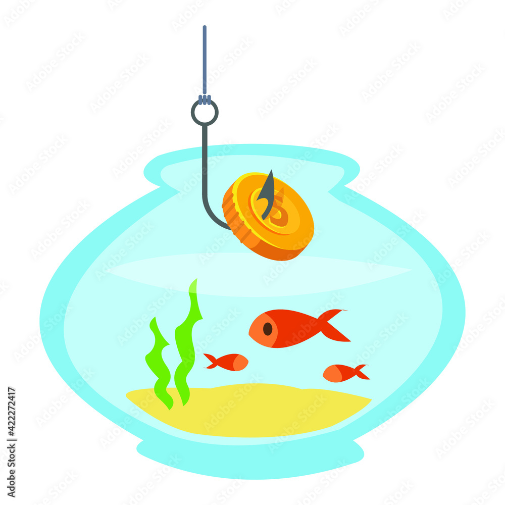 Bait on the hook. The coin is on the rod. Aquarium with fish. The concept of attracting customers. Cartoon children's style. Vector on a blue background. Bait on the hook. The coin is on the rod. Aquarium with fish. The concept of attracting customers. Cartoon children's style. Vector on a blue background.