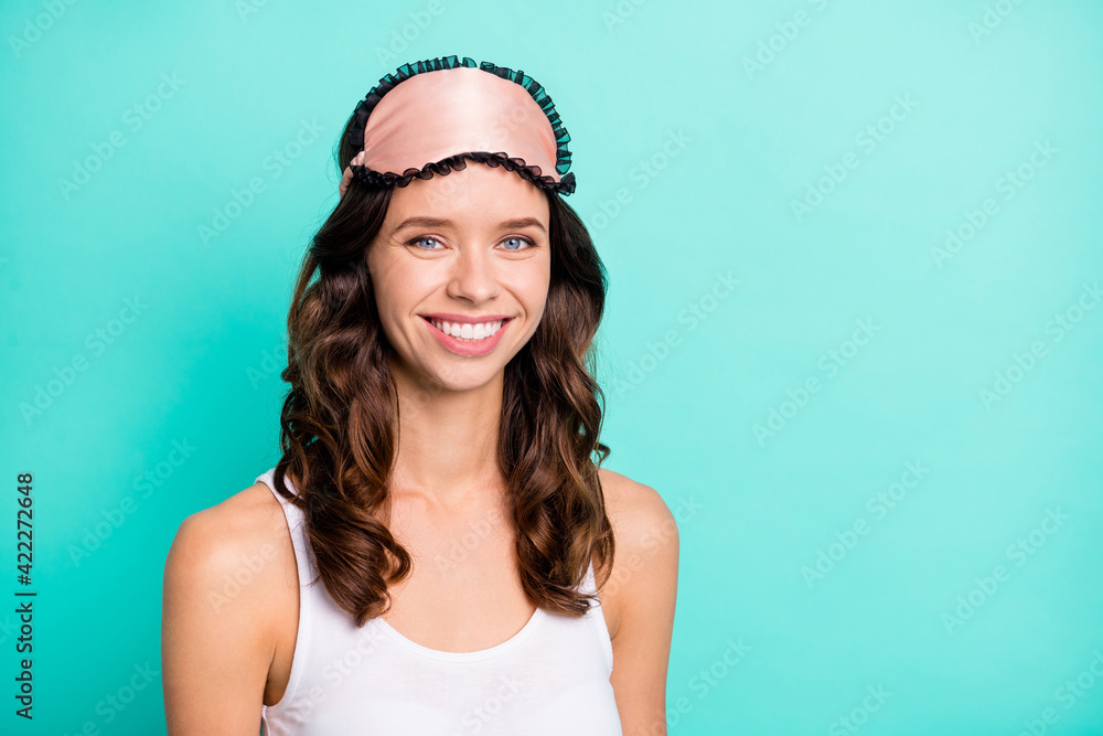 Portrait of charming curly hairstyle person beaming smile look camera isolated on turquoise color background Portrait of charming curly hairstyle person beaming smile look camera isolated on turquoise color background