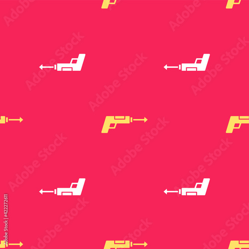 Yellow Fishing harpoon icon isolated seamless pattern on red background. Fishery manufacturers for catching fish under water. Diving underwater equipment. Vector