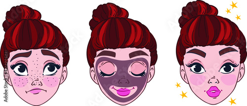 black mask against rashes and pimples. Girls set beauty