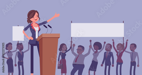 Motivational business speech, inspiring charismatic female leader. Leadership entrepreneur training, managers, coworkers, active crowd silhouette blank placards. Vector flat style cartoon illustration