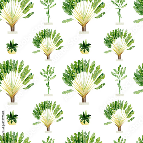 Watercolor tropical plants in pots seamless pattern. Jungle summer floral  palm tree  monstera  banana leaf for wrapping paper  wallpaper decor  textile fabric.