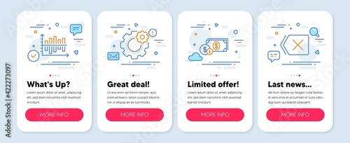 Set of line icons, such as Dollar money, Diagram chart, Cogwheel symbols. Remove line icons. Vector