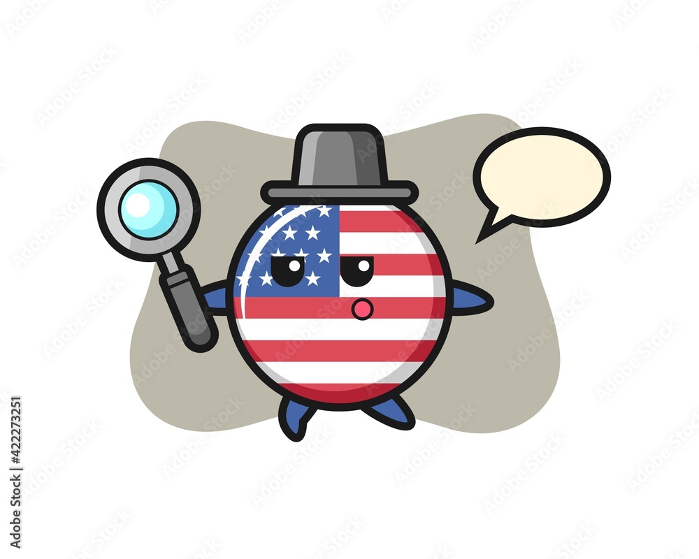 Obraz premium united states flag badge cartoon character searching with a magnifying glass