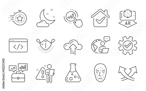 Graph chart, Night weather and Intersection arrows icons set. Timer, Chemistry lab and Face biometrics signs. Vector