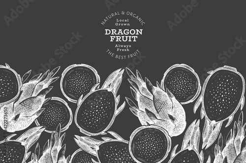 Hand drawn dragon fruit design template. Organic fresh food vector illustration on chalk board. Retro pitaya fruit banner.