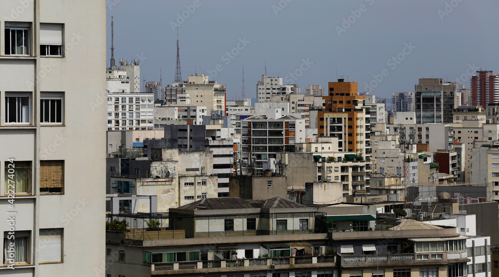 Panoramic view of residential and commercial buildings in the dense city of Sao Paulo, SP state, Brazil.