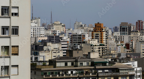 Panoramic view of residential and commercial buildings in the dense city of Sao Paulo, SP state, Brazil.
