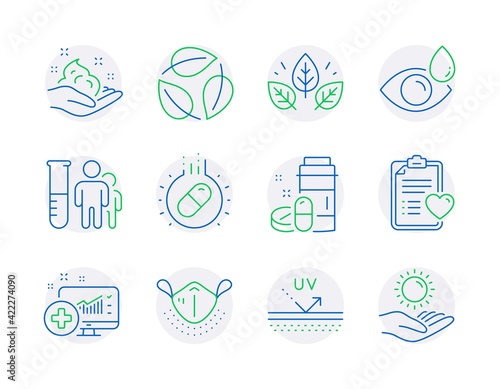 Healthcare icons set. Included icon as Medical drugs, Uv protection, Medical analytics signs. Vector