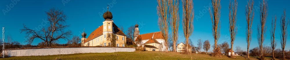 High resolution stitched panorama of a beautiful autumn or indian summer view at the famous monastery Saint Salvator, Bavaria, Germany